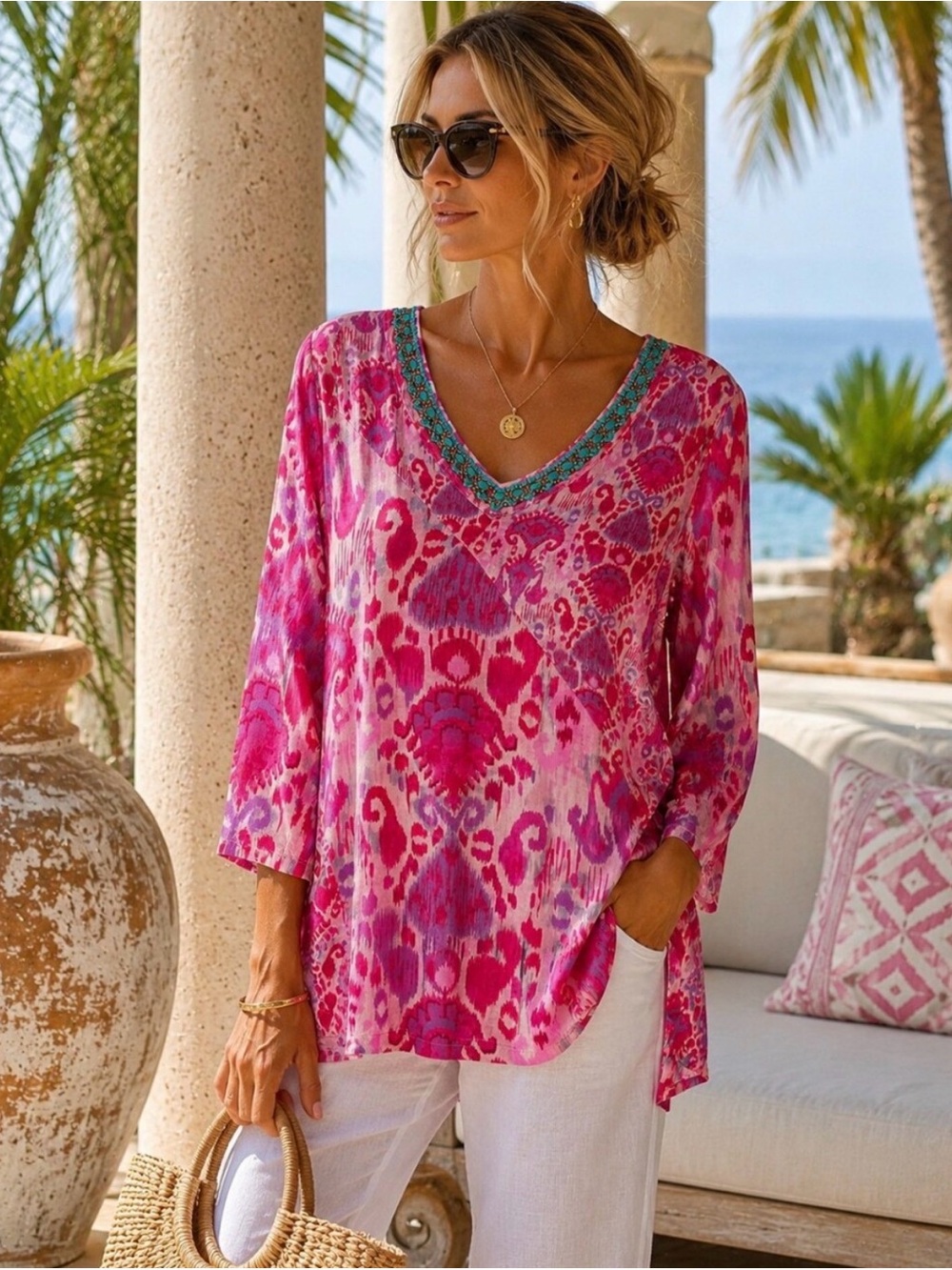 SOFT SURROUNDINGS Pink Ikat Beaded V-Neck Tunic Top Plus Size 1X boho festival